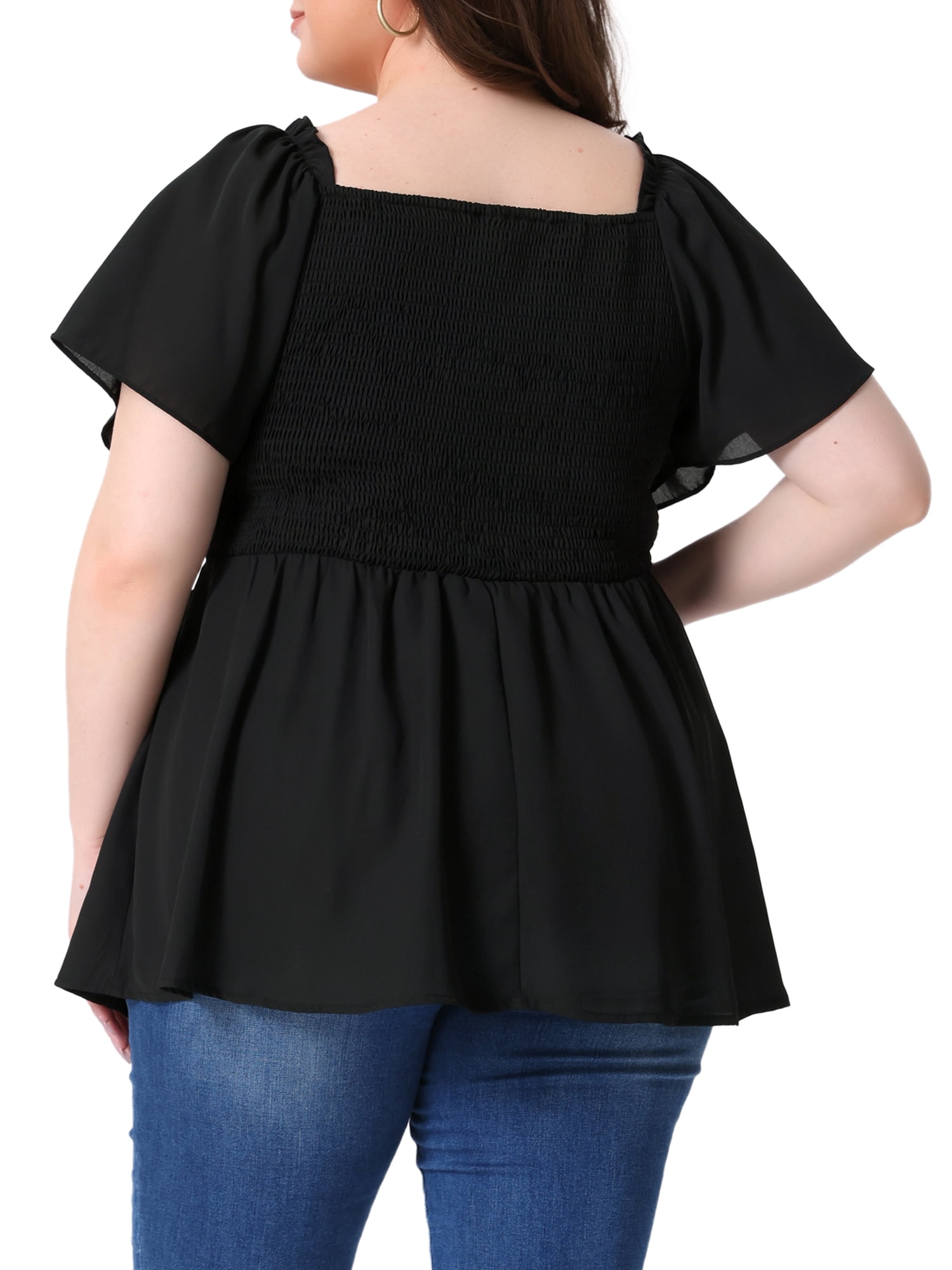 DARING DIVA Women's Plus Square Neck Ruffle Hem Blouse 4X Black