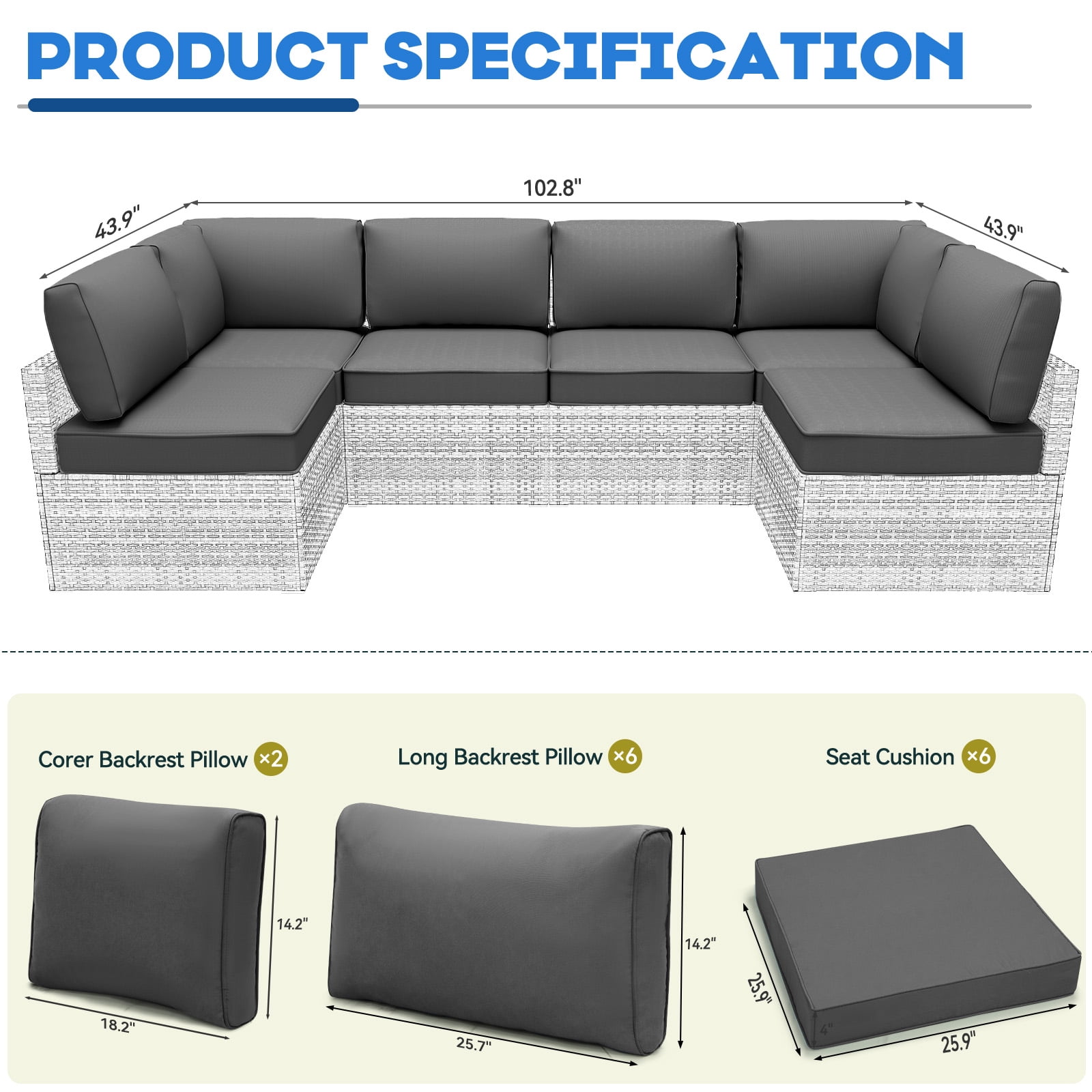 Outdoor Cushions Set of 14 for 7 Pieces Sectional Rattan Conversation Sets,Outdoor Furniture Replacement Cushions for Patio Furniture,4-INCH Replacement Sofa Cushions