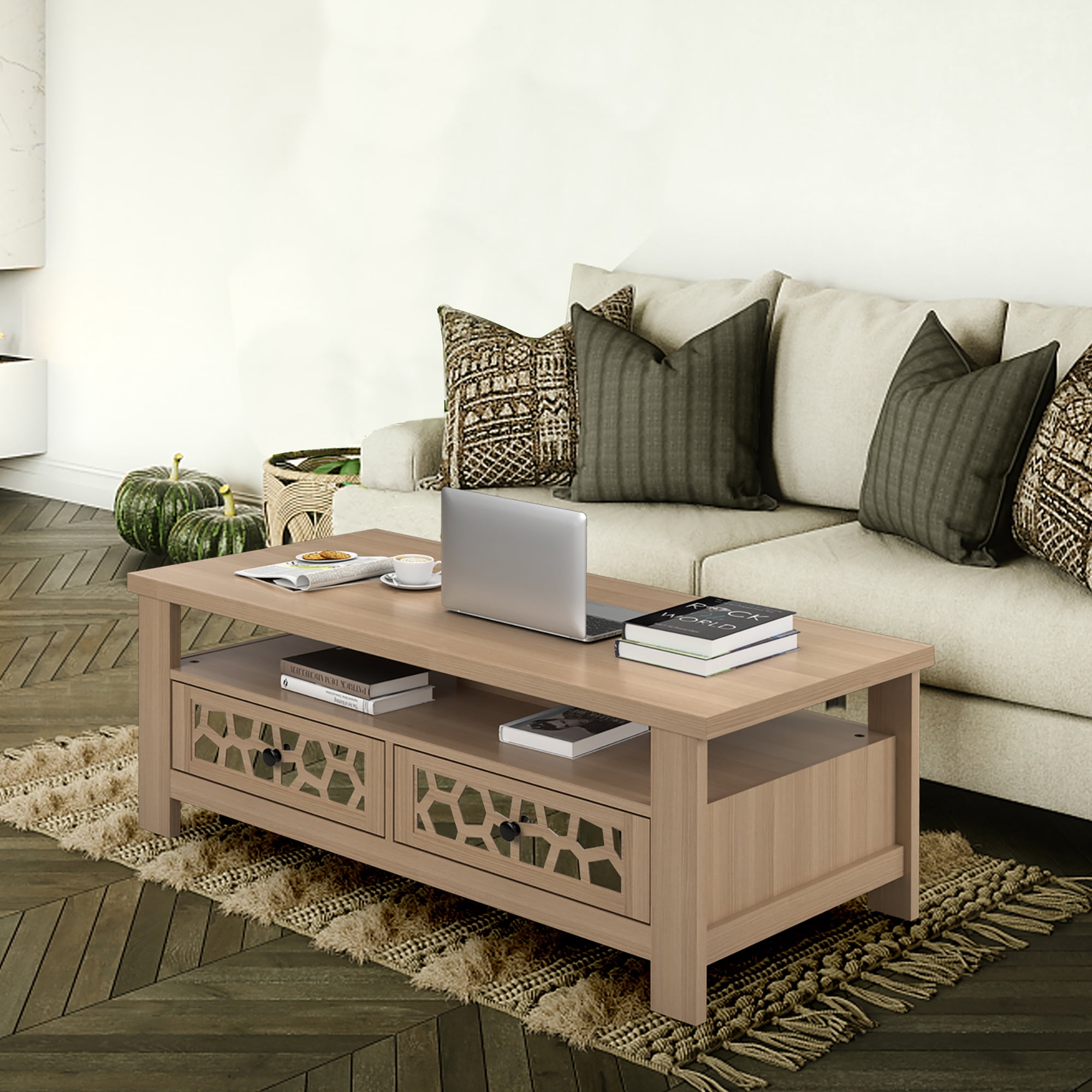 Costway Coffee Table with2 Drawers & Open Shelf Modern Rectangular Wood Living Room Table Natural