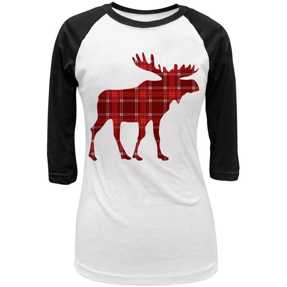 Autumn Plaid Moose Juniors 3/4 Sleeve Raglan T Shirt White-Black SM