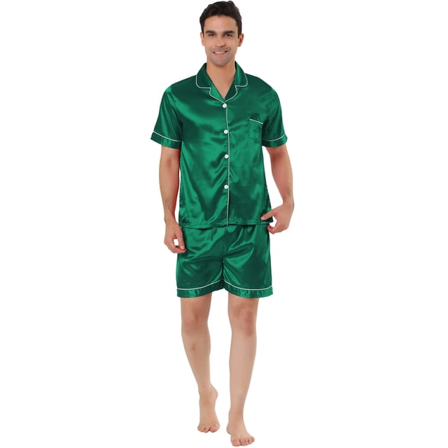 Ropa de dormir para hombres Top y pantalones de manga corta Ropa de dormir de verano Conjuntos de pijama de satén Verde S