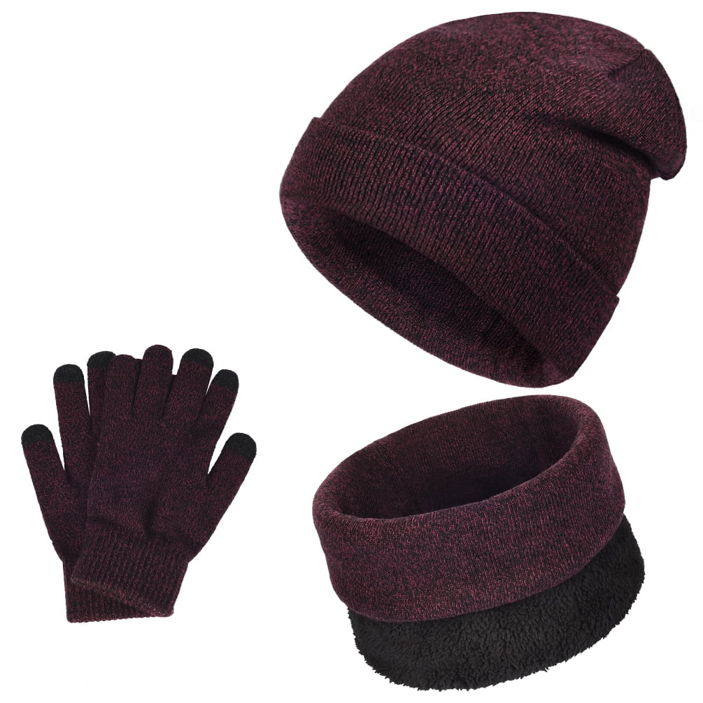 Men Winter Warm Beanie Hat Women Scarf Touch Screen Gloves 3 Pieces Set