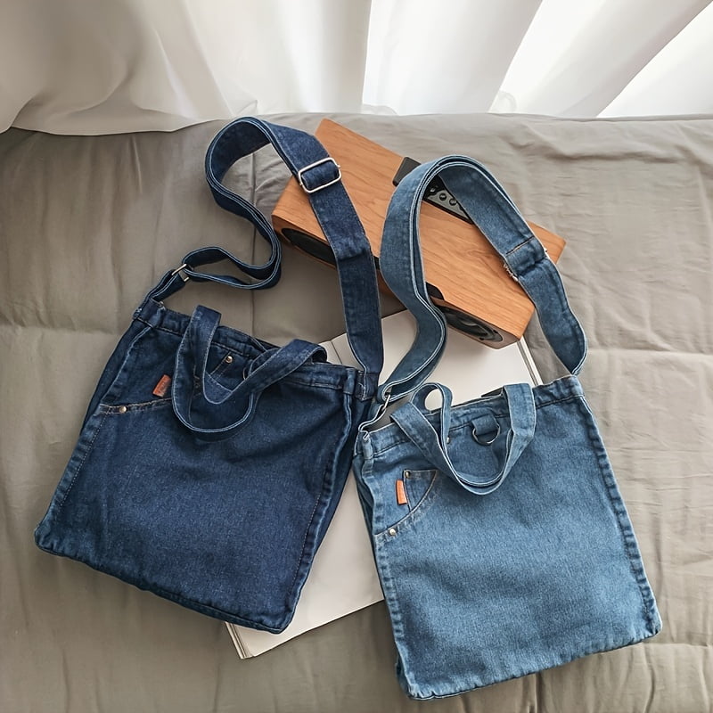 Denim Tote Bag for women bleached jean purse Large Capacity Zipper