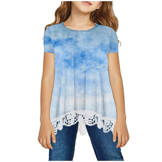 MeetoTime Kids Short Sleeve Tops Summer Casual Round Neck Gradient Color Lace Layered T-Shirt Tee for Girls