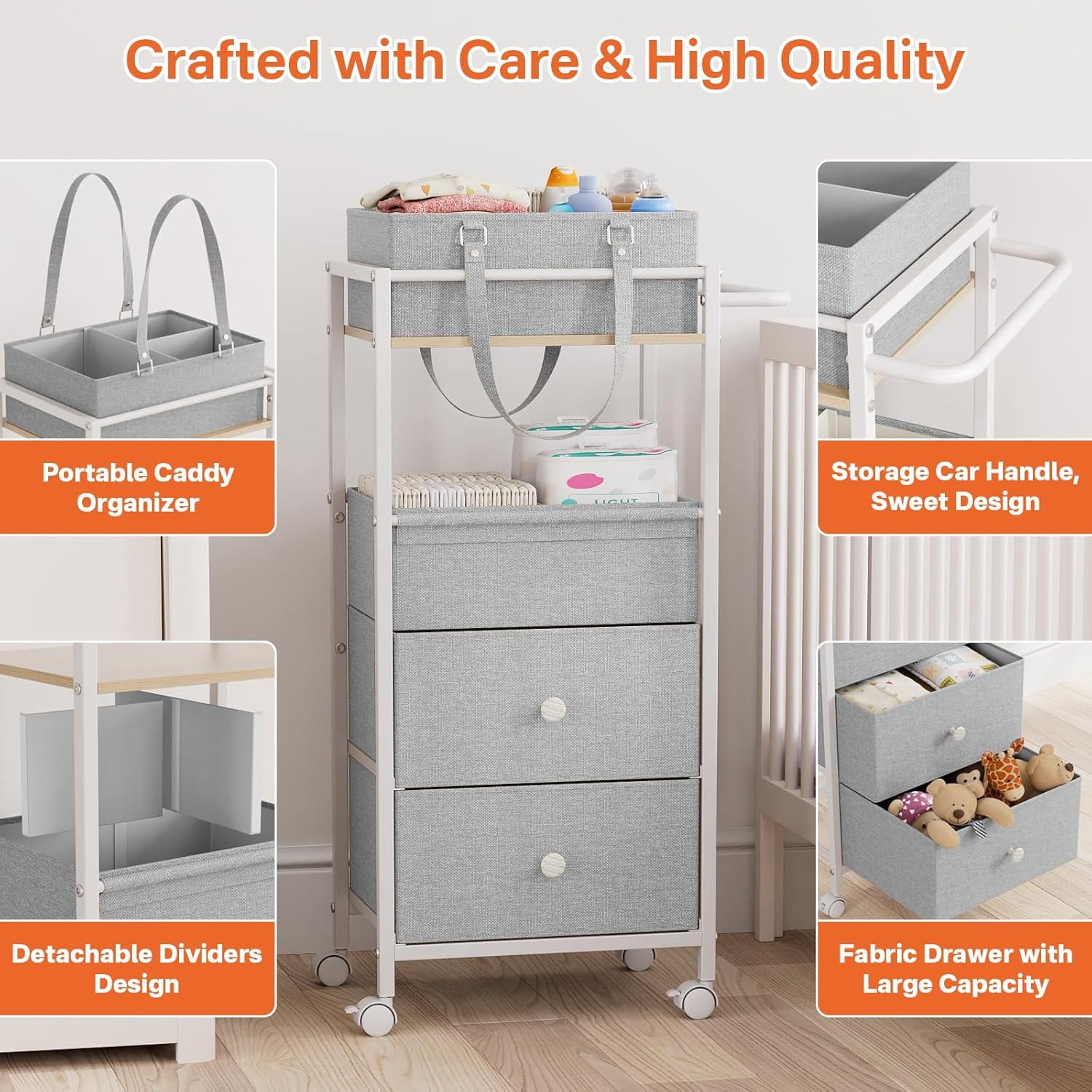 Baby Diaper Caddy Organizer Cart with Drawers - 3In1 Rolling Storage Cart with Wheels, Removable Diaper Caddy, Detachable Dividers - for Crib, Bedroom, Art & Craft Organizer (Light Gray)
