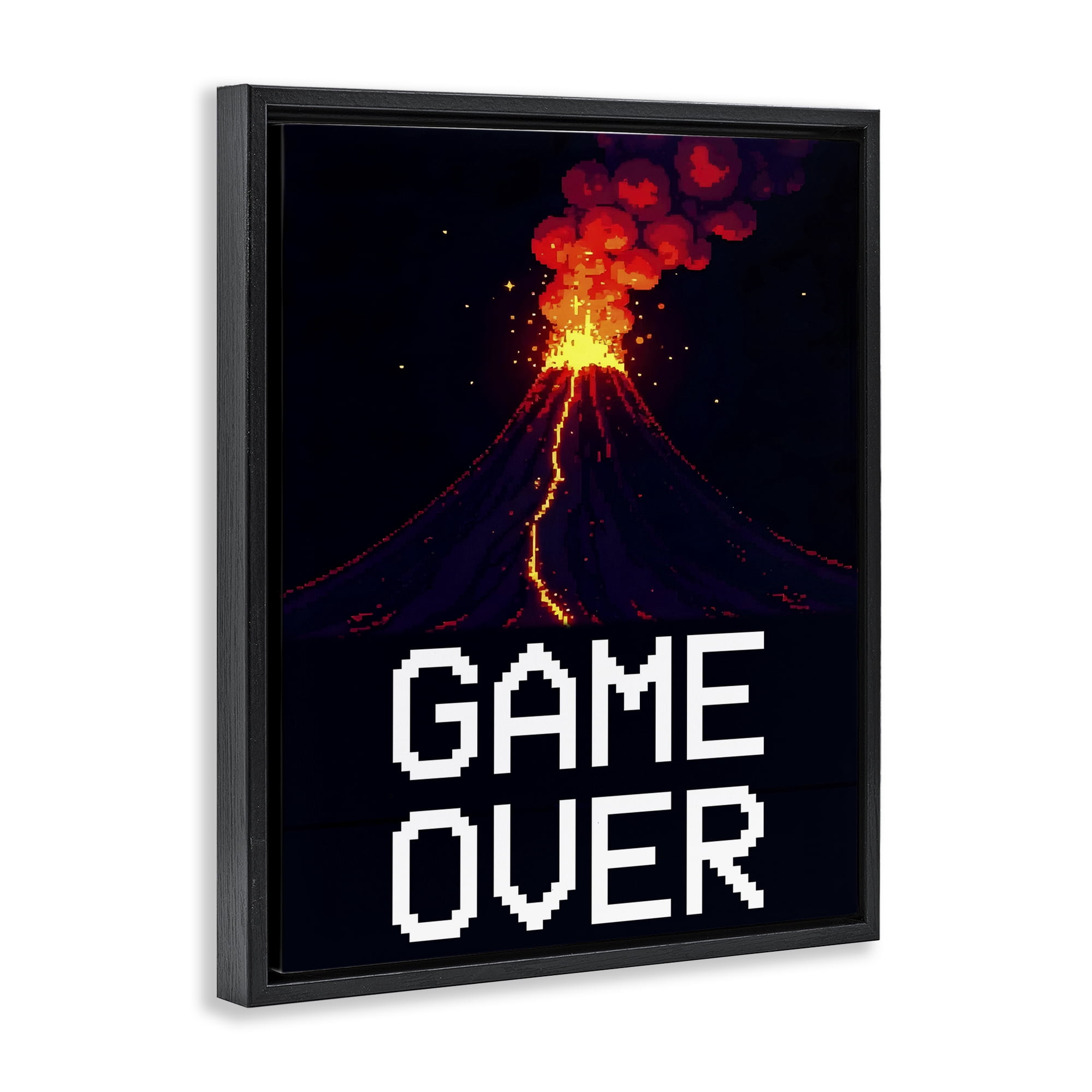 Pixel Volcano Game Over Black Framed Floater Canvas Wall Art, design by Kim Allen