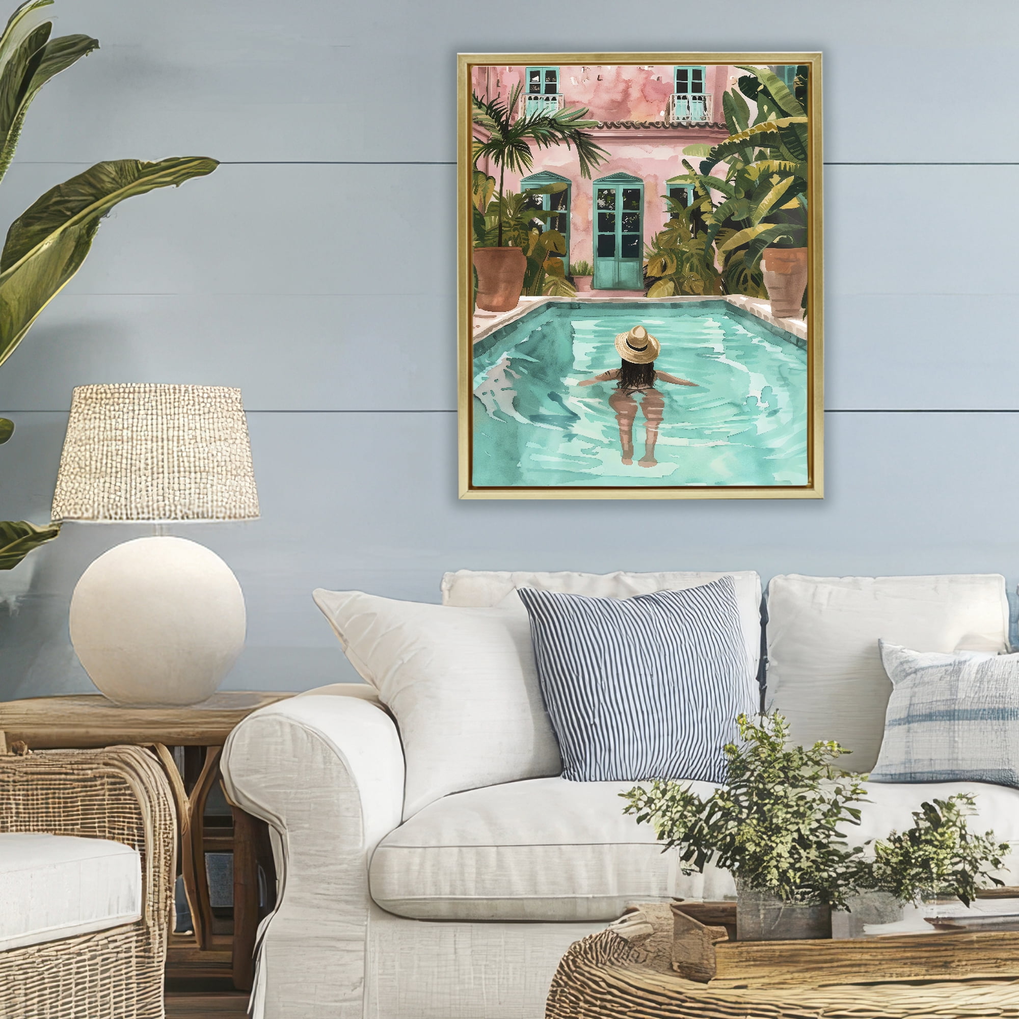 Stupell Industries Girl Swimming In Pool Gold Framed Floater Canvas Wall Art, design by The Prints Vibe