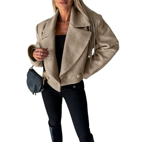 Female Crop Pea Coat Wool Blend Office Work Lapel Collar Short Winter Jacket Trench Coat Light Coffee Color S