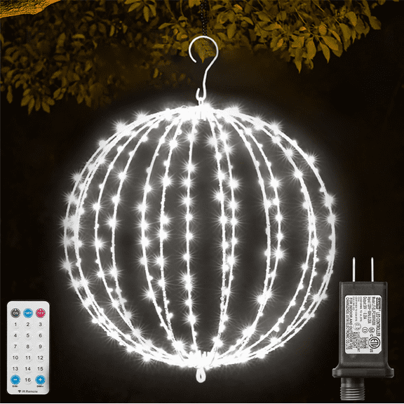 16INCH Outdoor/Indoor LED Christmas Light Ball,Foldable Metal Sphere Lights, Connectable Waterproof 16 Modes with Timer, Hanging Tree Globe Lights for Holiday Christmas Decorations (White)