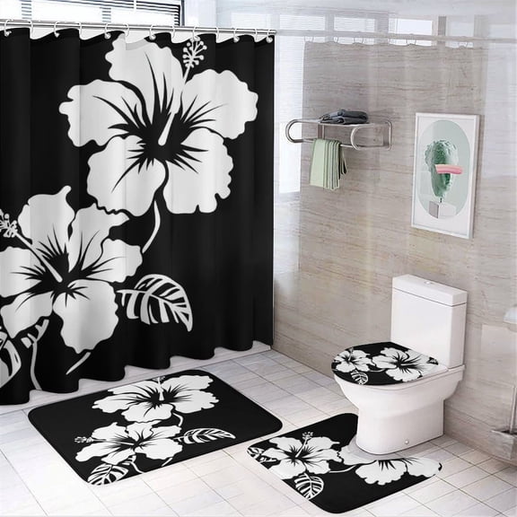 Black White Hibiscus Flower 4Pcs Shower Curtain Sets with Rugs Non-Slip Rugs And Toilet Mat Lid Rug Accessories Tropical Plants Waterproof Fabric Bath Curtains for Bathroom Decor