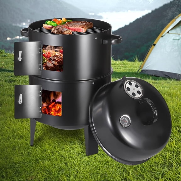 Vertical 17 Inch Charcoal Smoker Grill with Thermometers Air Vent and 2 Access Doors