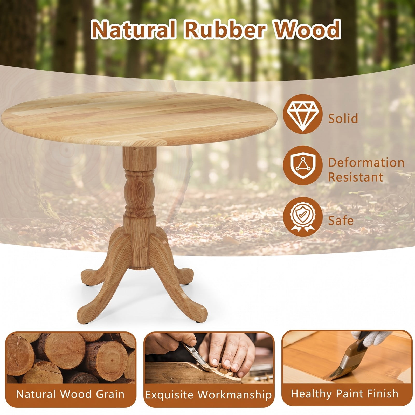 Furnibear Round Wooden Dining Table for 4, Kitchen Dinner Table with Curved Trestle Legs and Adjustable Foot Pads, Rubber Wood Small Dining Room Table, 39 Inch, Natural