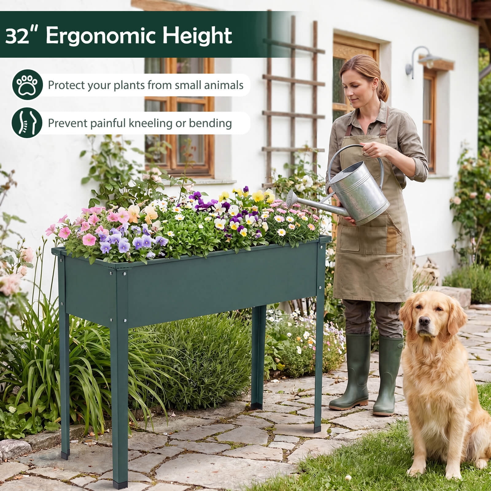Costway 40" Raised Garden Bed with Legs Metal Elevated Planter Box Drainage Hole Backyard Green