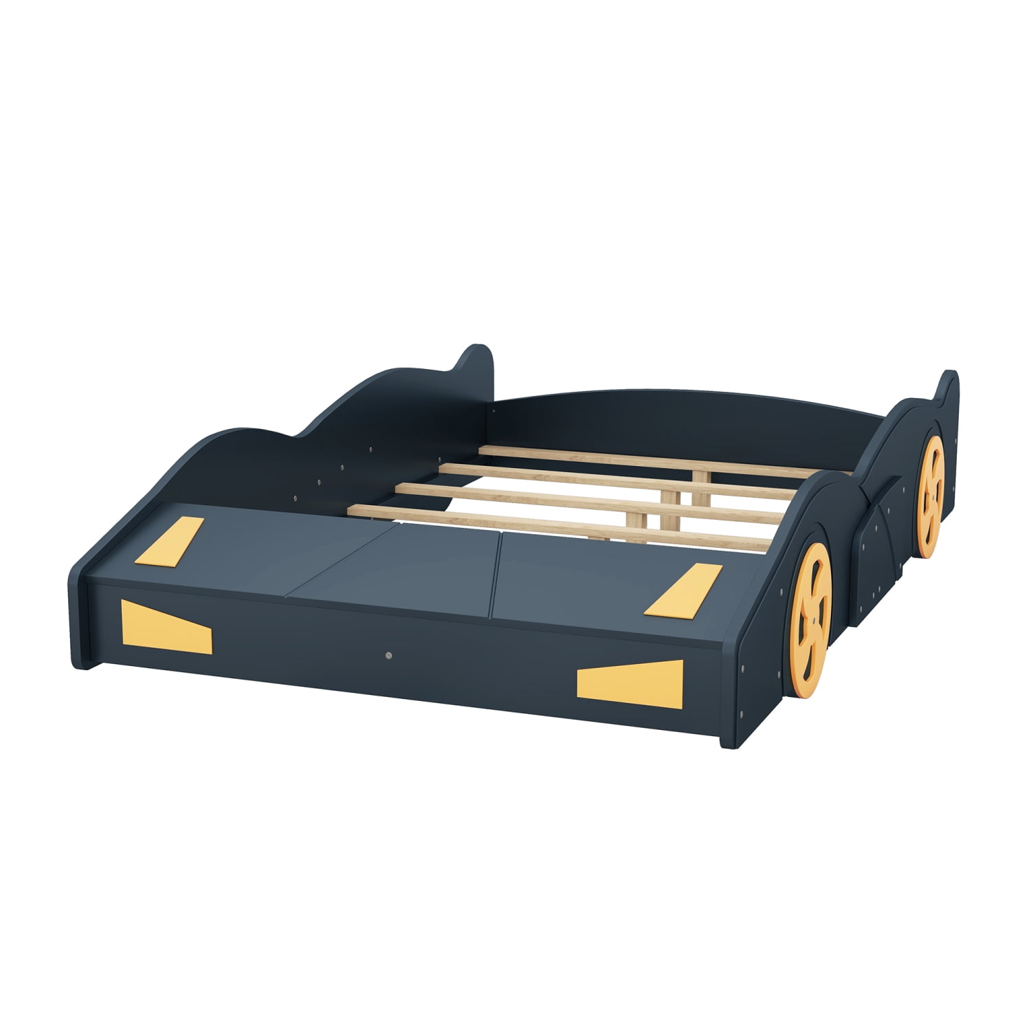 Harper & Bright Designs Full Size Race Car Bed Platform Bed for Kids, Wood Car-Shaped Kids Bed Frame with Storage and Wheels for Boys Girls, Dark Blue