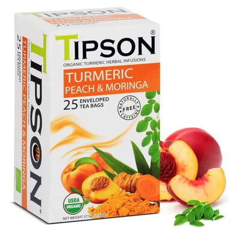 Tipson Organic Turmeric Caffeine Free Herbal Tea - Organic Moringa and Peach Flavor - 25 Foil Enveloped Double Chambered Bags - Keto/Paleo