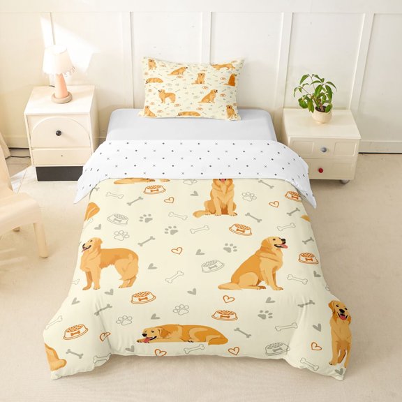 Homewish Golden Retriever Animal Twin Duvet Cover,Dog Paws Bone Twin Bedding,Yellow,Reversible,2-Piece,1 Duvet Cover and 1 Pillowcase