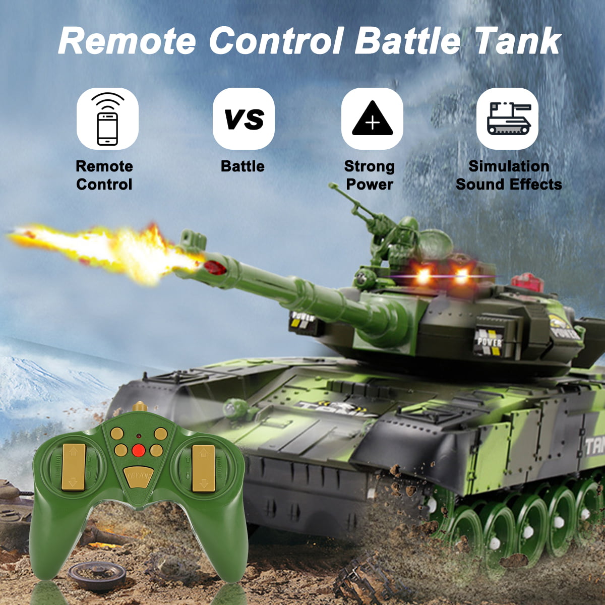 TychoTyke Kids RC Battle Tank Toy Vehicle with Remote Lights Sounds 2 Colors