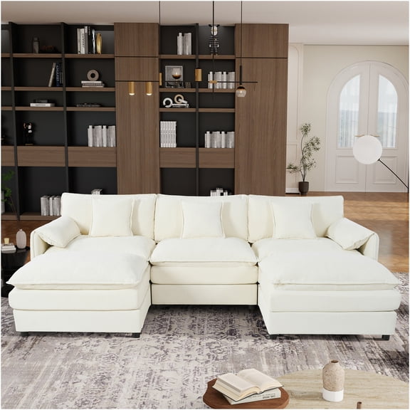 JERFIT Modular Sectional Sofa with Ottomans, U-Shaped 5-Seater Chenille Fabric Couch Set, Deep Seating Cloud Sofa for Large Living Room, Beige