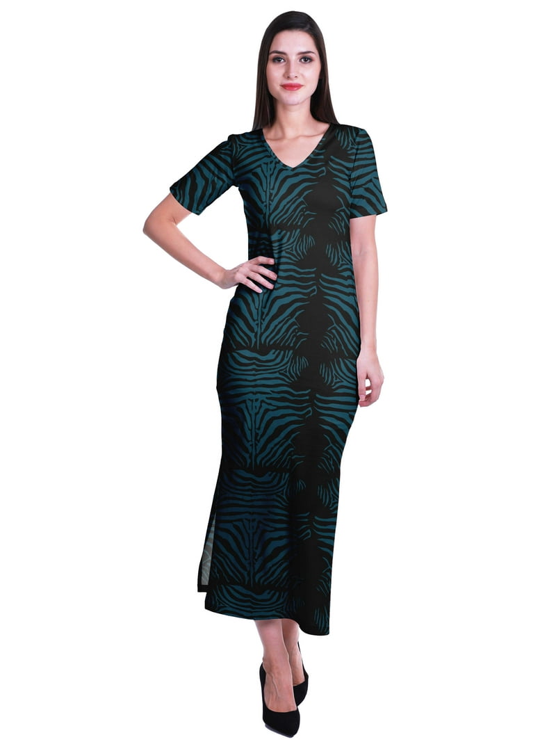 Moomaya Long Bodycon Maxi Dress For Womens Short Sleeve V neck Printed Jersey T-shirt Dress, Women's, Size: XL, Black
