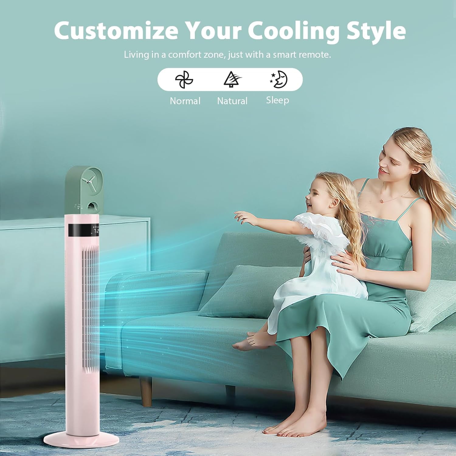 KISSAIR 35" Tower Fan Portable Floor Fans with Remote Control & 12H Timer 3 Speeds Wind 3 Modes, Pink