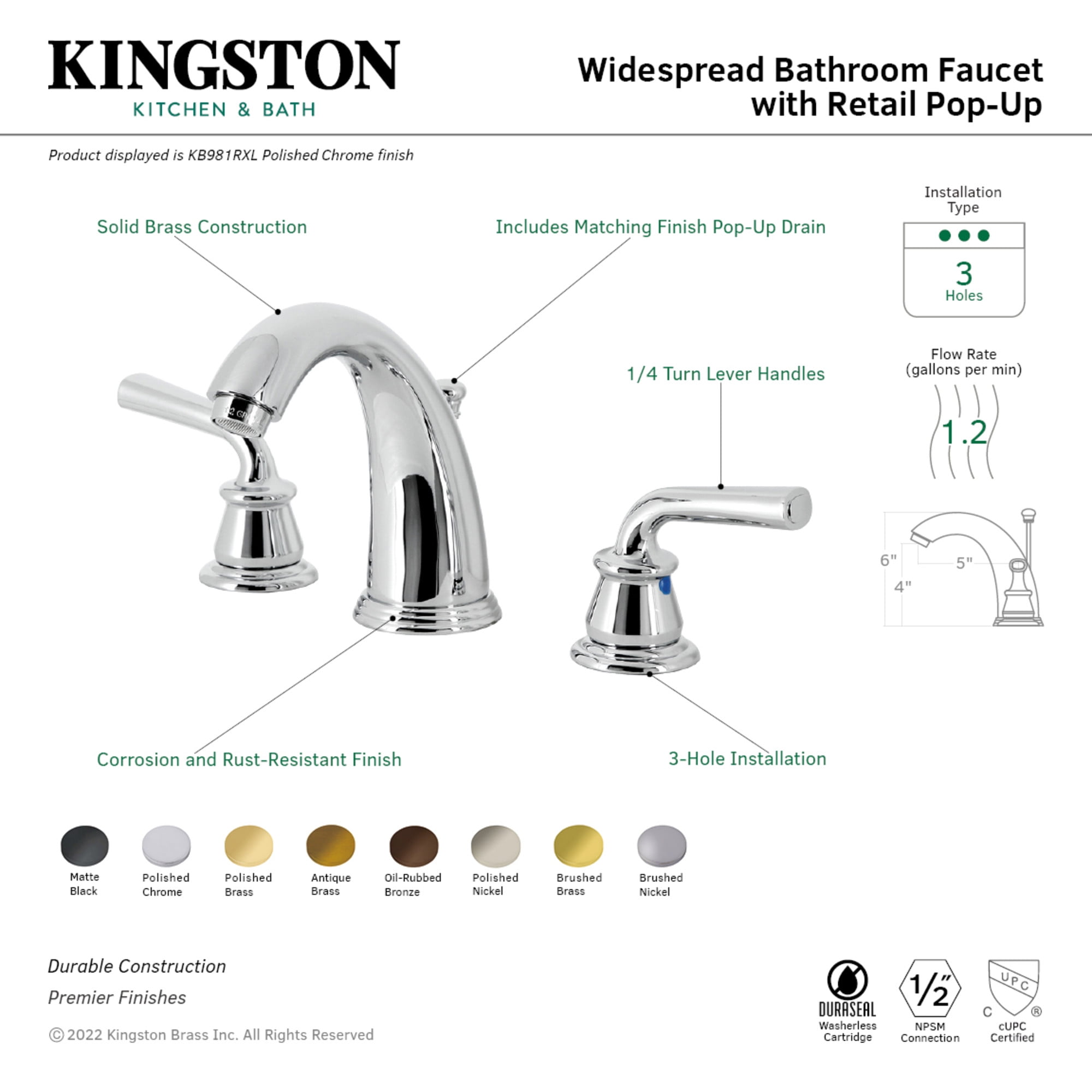 Kingston Brass KB982RXL Restoration Widespread Bathroom Faucet with Pop-Up Drain, Polished Brass