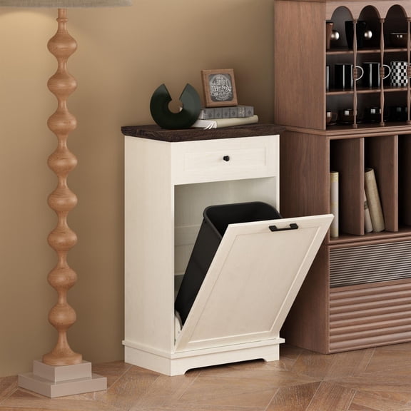Demi Bonn 13 Gallon Tilt Out Trash Cabinet Freestanding Wood Garbage Recycling Cabinet Pet Proof Trash Can Holder for Kitchen Living Room, White