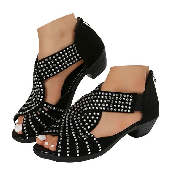 IUJSOY Womens Sandals Peep Toe Heels Fashion Rhinestone Zipper Heeled Sandals Casual Dress Shoes