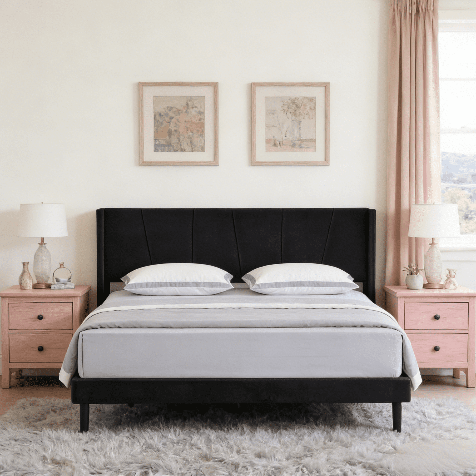 Gewnee King Size Platform Bed Frame with Upholstered Velvet Headboard,Wood Slats Support,Easy Assembly,No Box Spring Needed,Black