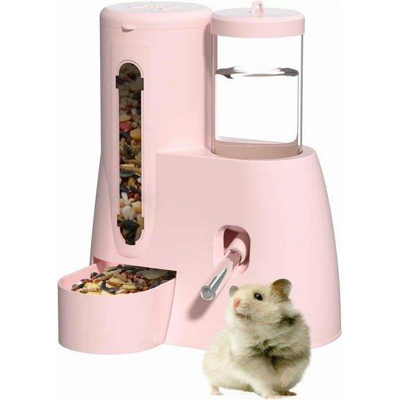 2-in-1 Hamster Water Bottle & Food Dispenser, 125ml Leakproof Automatic Guinea Pig Water Bottle with Stable Base, Detachable Washable Guinea Pig Food Bowl for Hamster Rat Mouse Hedgehog(pink)