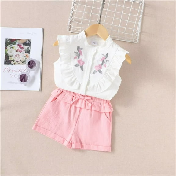 YEEDISON Summer Girls Outfits Embroidered Flower Ruffles Single Breasted Sleeveless Tops short Pants Girls Clothing Set Baby Clothes for 18M-3Y