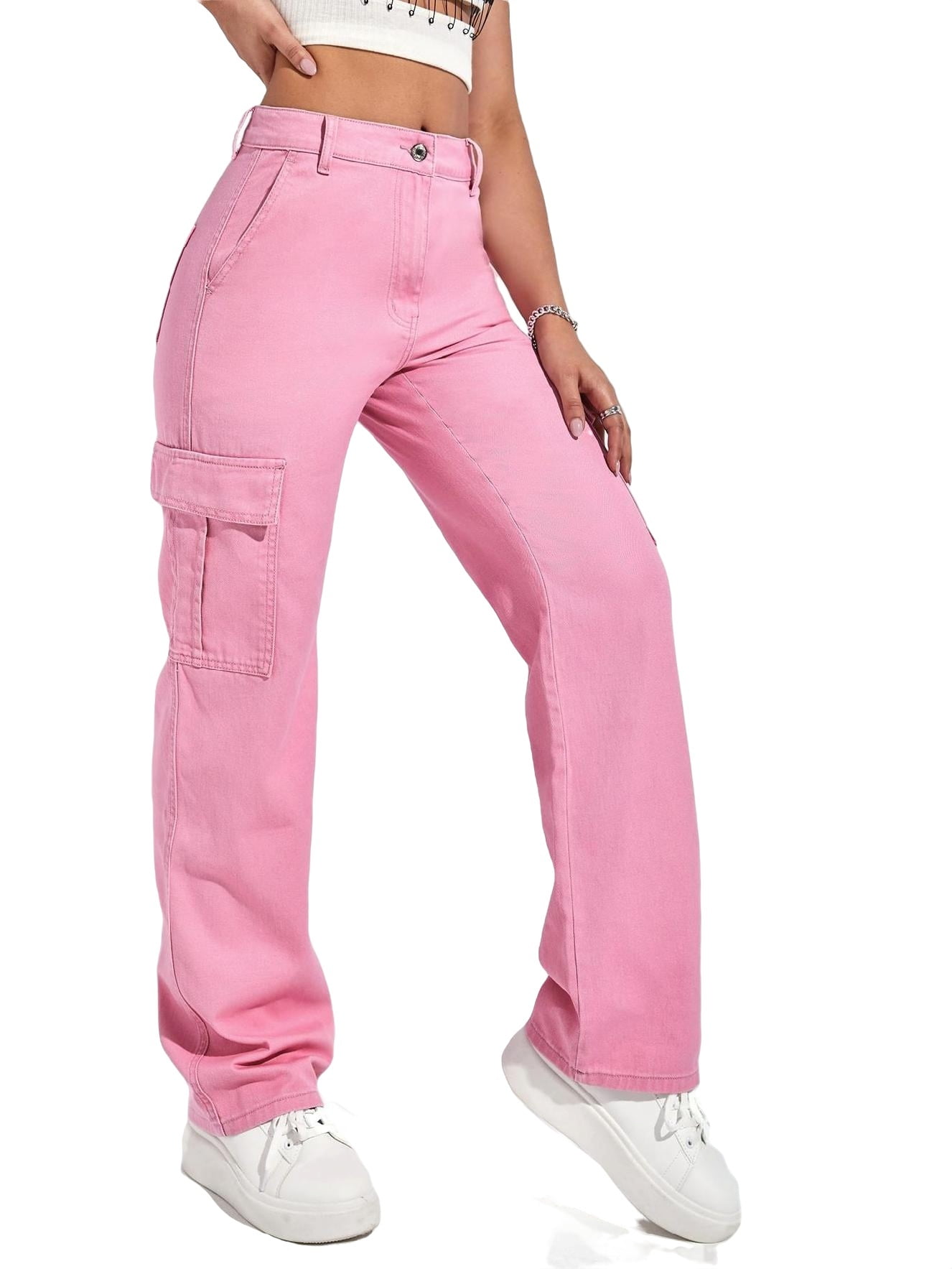Buy the Womens Pink Denim Medium Wash Pockets Stretch Cropped Jeans Size  12/31 | GoodwillFinds