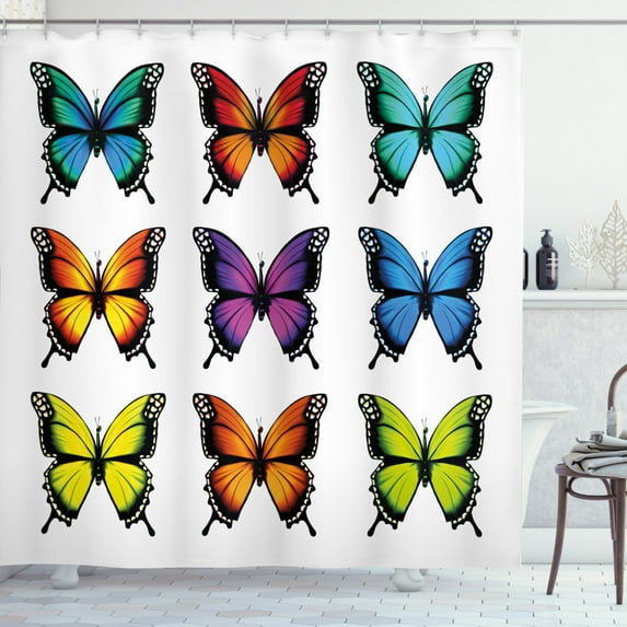 Ambesonne Colorful Shower Curtain, Varieties of Butterflies, 69"Wx70"L, White and Multicolor