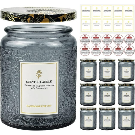 

8.8OZ 9 Pack Embossed Candle Jars for Making Candles Empty Glass Containers with Tin Lids and Sticker Label Warning Label for Candle Making Candle DIY Craft (Grey)