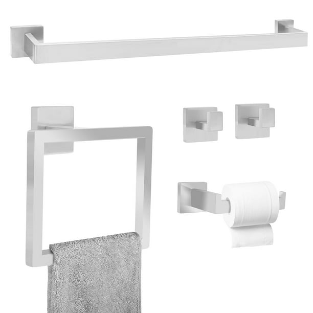 Juego de Accesorios para Baño 5 Piezas, Toallero Baño, Portarrollos de Papel Higienico, Toallero Barra, 2 Gancho para Cocina, Acero Inoxidable(Plata)