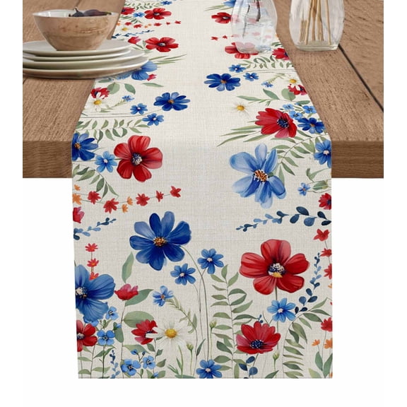 Red Blue Spring Floral Table Runner Cotton Linen 36 Inch Holiday Dresser Scarves, Green Summer Botanical Watercolor Rustic Tablerunner for Kitchen Coffee Dining Bedroom Dinner Scarf Décor 13''x36''