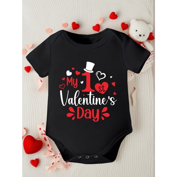 Valentine's Day Girls' Baby Bodysuit "MY 1ST VALENTINE's DAY" Letter Print Newborn Cute Short Sleeve Romper, Perfect for Outdoor