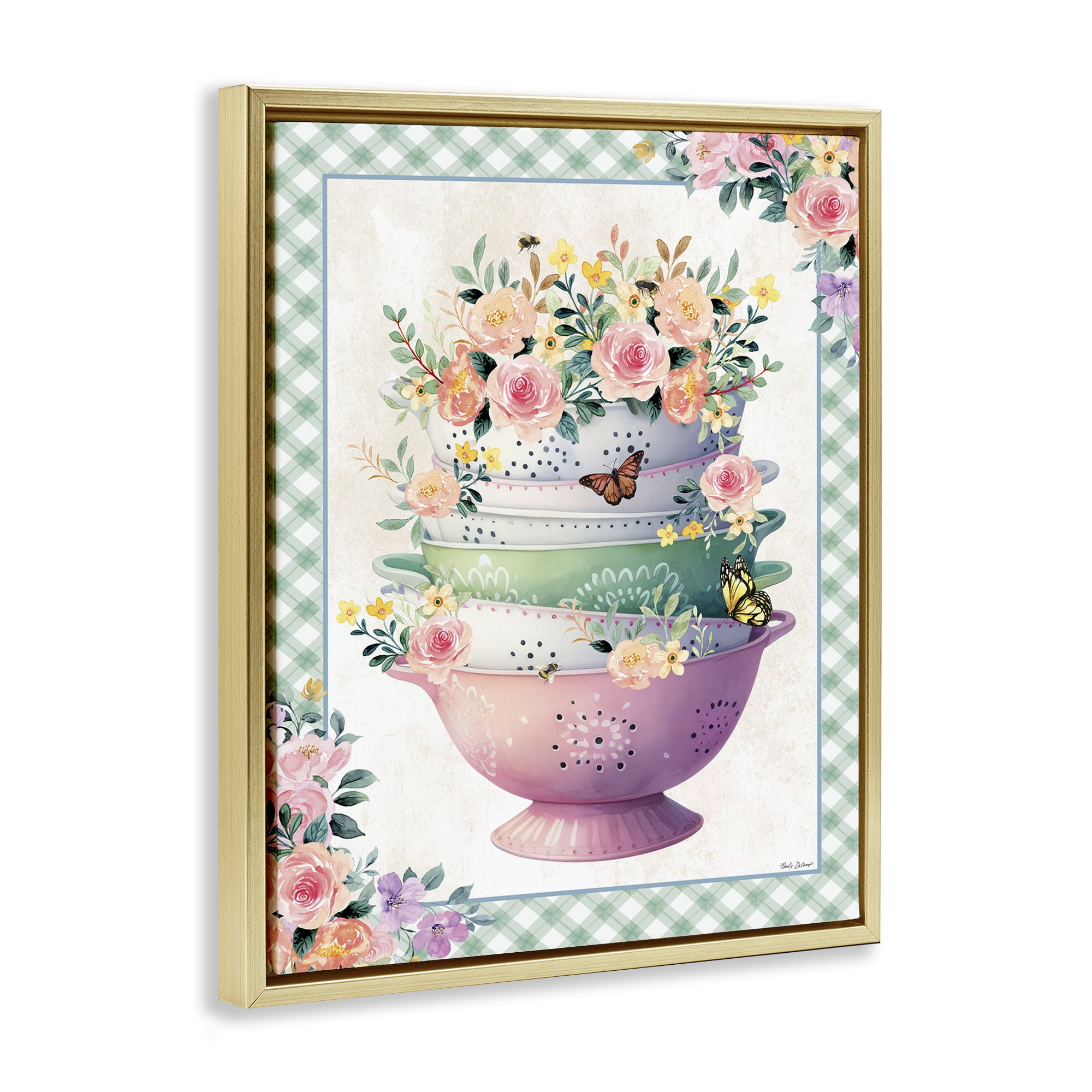 Stupell Industries Stacked Bowls Plaid Border Food & Beverage Painting Gold Floater Framed Canvas Art Print Wall Art, 25 x 31