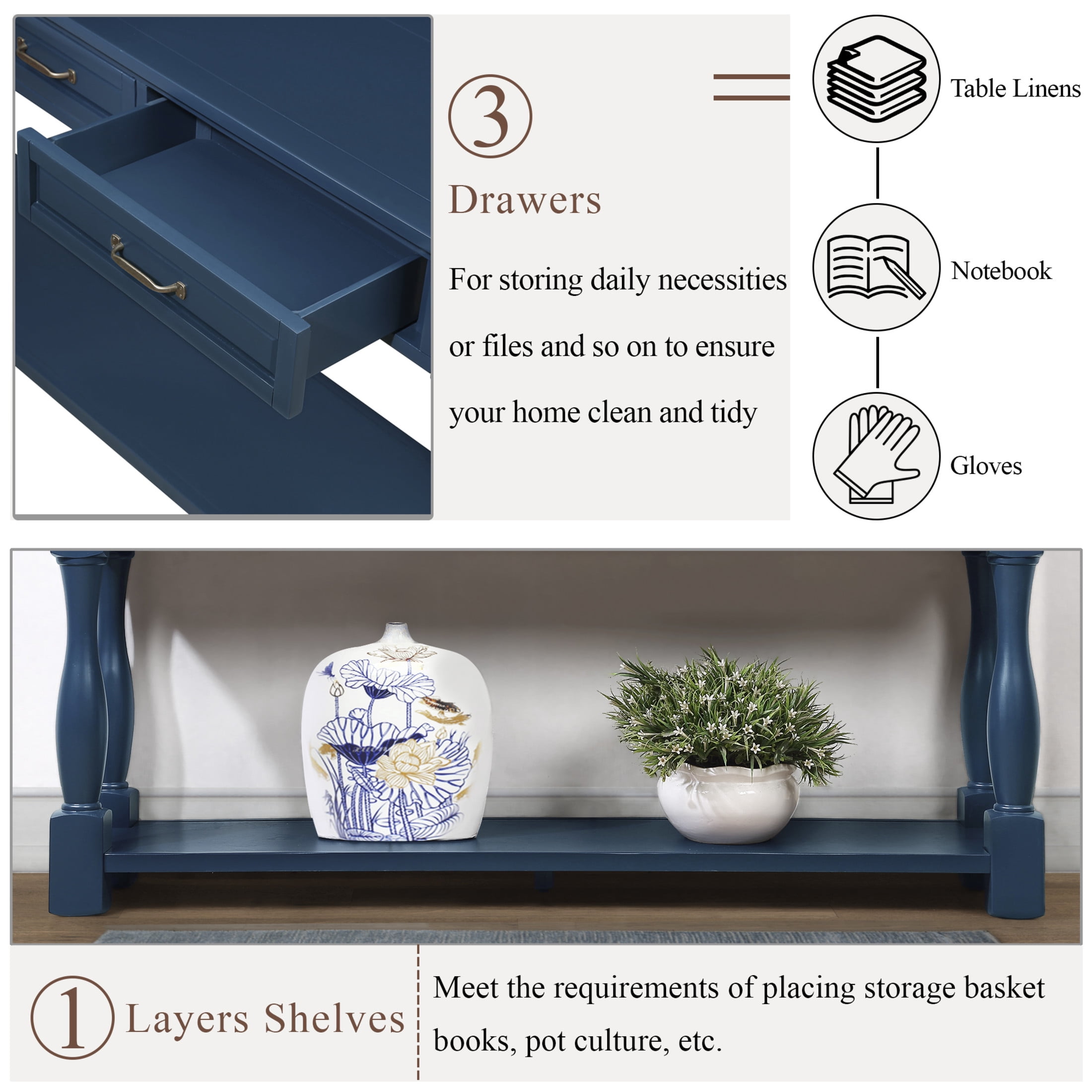 Noble House Adelaide 63" Console Table, Solid Wood Frame Mid-Century Entryway Storage, Navy Blue