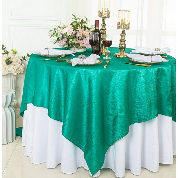 Wedding Linens Inc. 85" Square Crushed Crinkle Taffeta Table Overlay Toppers - Jade