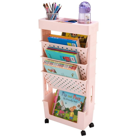 CINPIUK Organiseur de Papier de Bureau Roulant Rose, Chariot Mobile pour Documents, Rangement de Fichiers avec Porte-Stylo, Chariot de Rangement Mince et Mobile pour Bureau, Dortoir, Salle de Classe, Crèche
