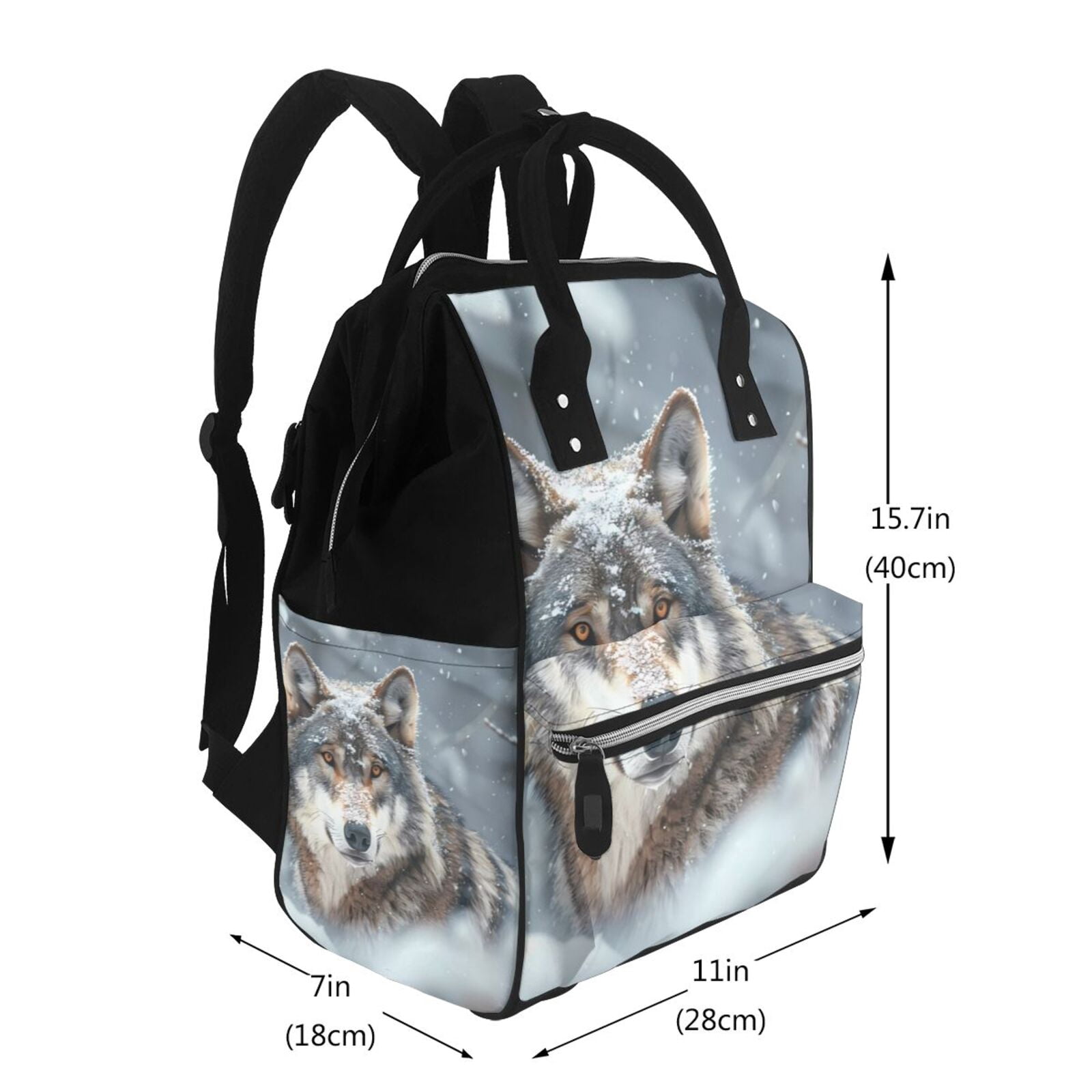 Ratiio Majestic Snowy Wolf Mummy Backpack - Waterproof Twill Canvas, Large Capacity Diaper Bag with Multiple Pockets and Adjustable Straps