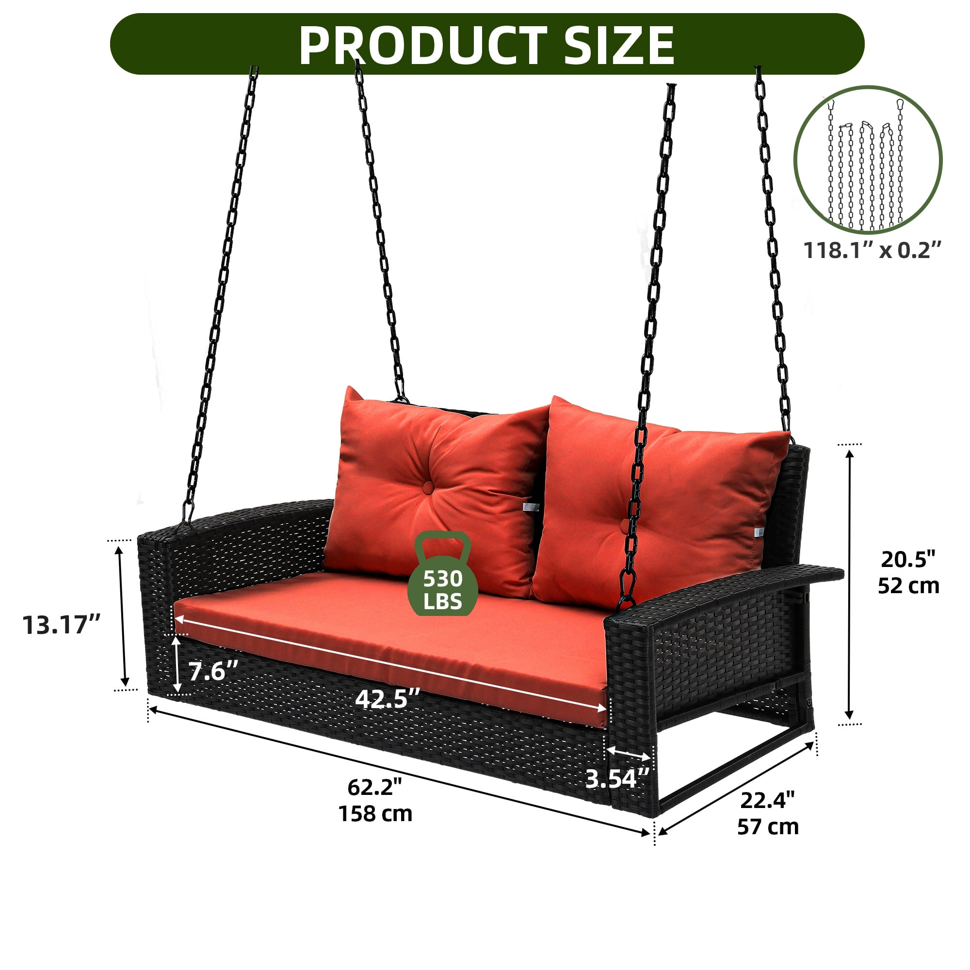 Uforic Dual-Seater Outdoor Swing Chair, Elegant Black Rattan Patio Lounge with Red Cushions and a Strong Capacity of 770lbs for Garden, Balcony, and Living Room