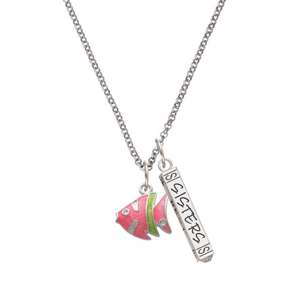 Delight Jewelry Silvertone Hot Pink Tropical Fish with Lime Green Stripe Silvertone Sisters Best Friends Forever Bar Charm Necklace, 23"