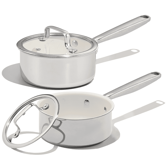 Carote 1.5QT & 3QT Tri-Ply Stainless Steel Ceramic Nonstick Saucepan Set, Induction Ready