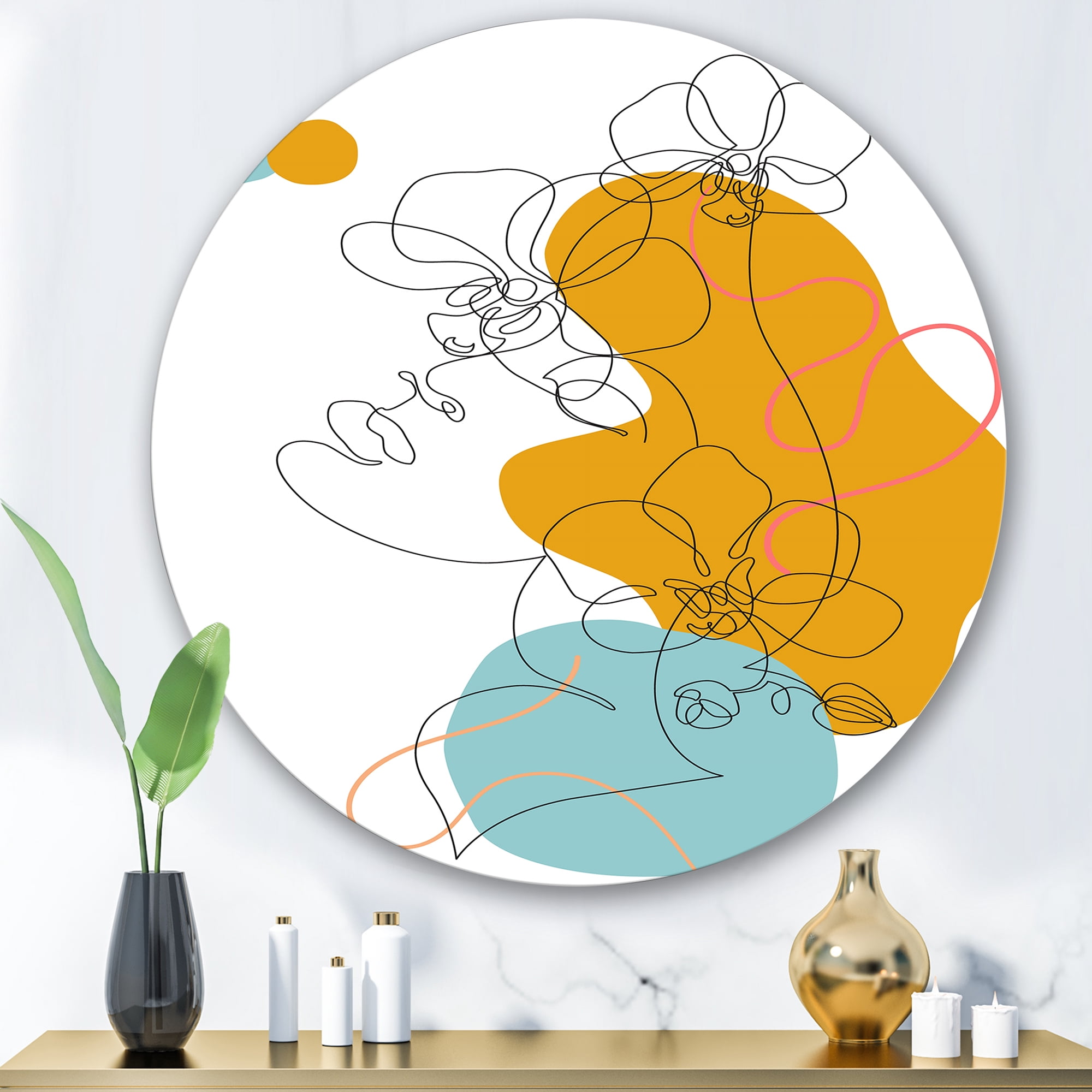 Designart 'Beautiful Woman Portrait With One Line Drawing' Modern Circle Metal Wall Art 36x36 - Disc of 36