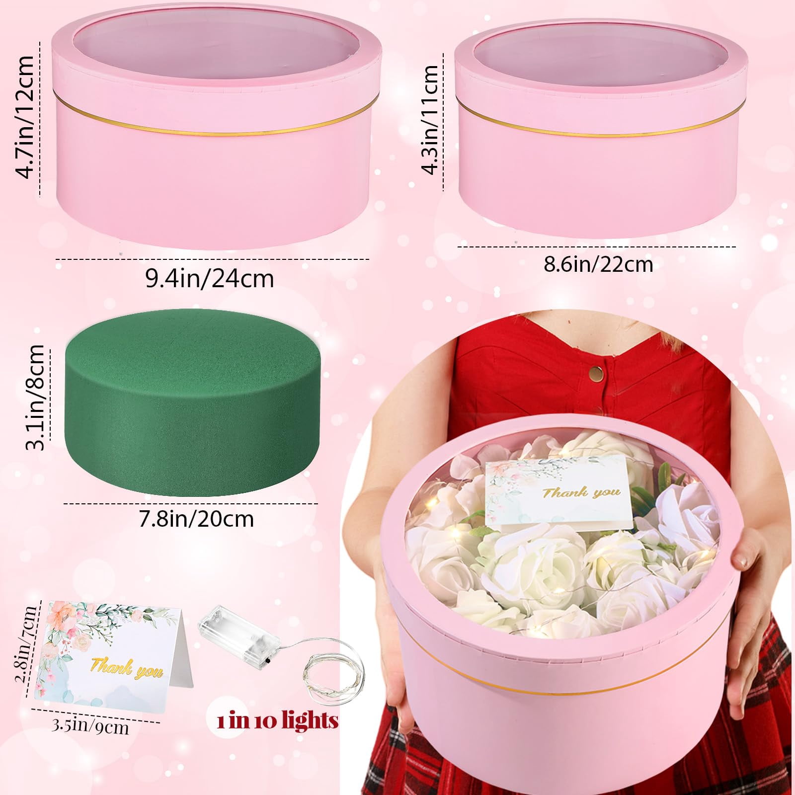 2 Round Gift Boxes With Lids Floral Foam Led Light Thank You Greeting Cards Flower Arrangements Supplies For Valentine Birthday Wedding Bridesmaid Proposal(pink)