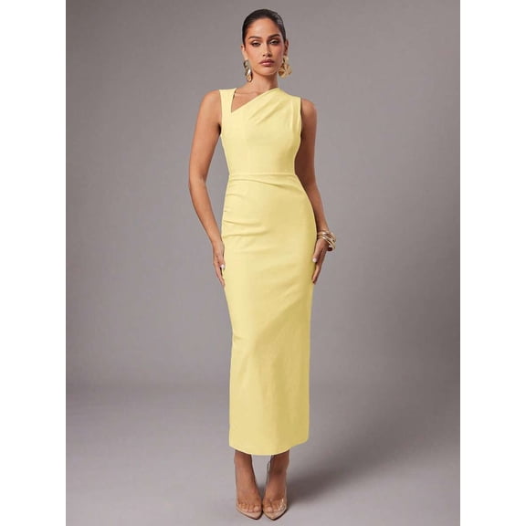 Yellow Womens Elegant Asymmetric One-Shoulder Sleeveless Sheath Midi Dress