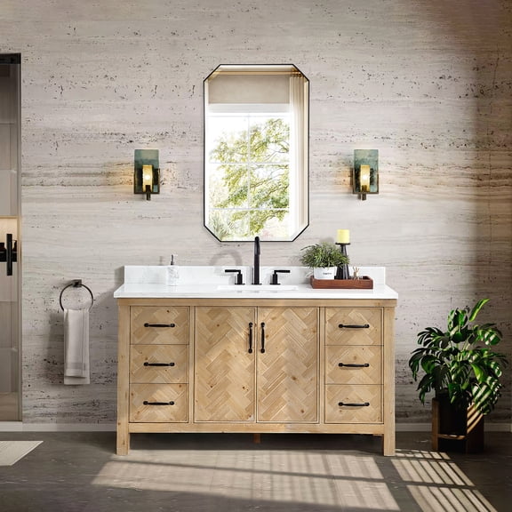 Javier 60" Bath Vanity in Spruce Antique Brown with White Grain Composite Stone