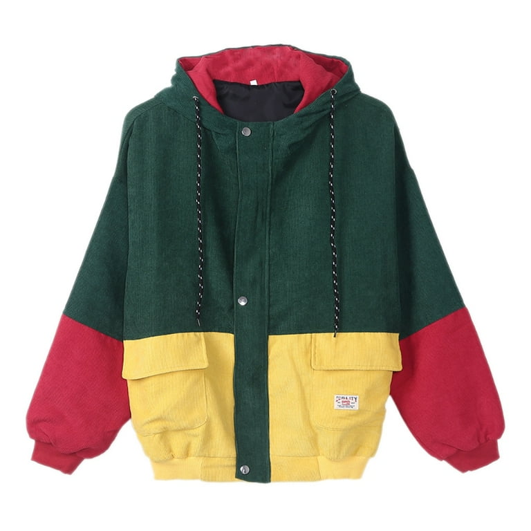 Corduroy color block drawstring hooded clearance jacket