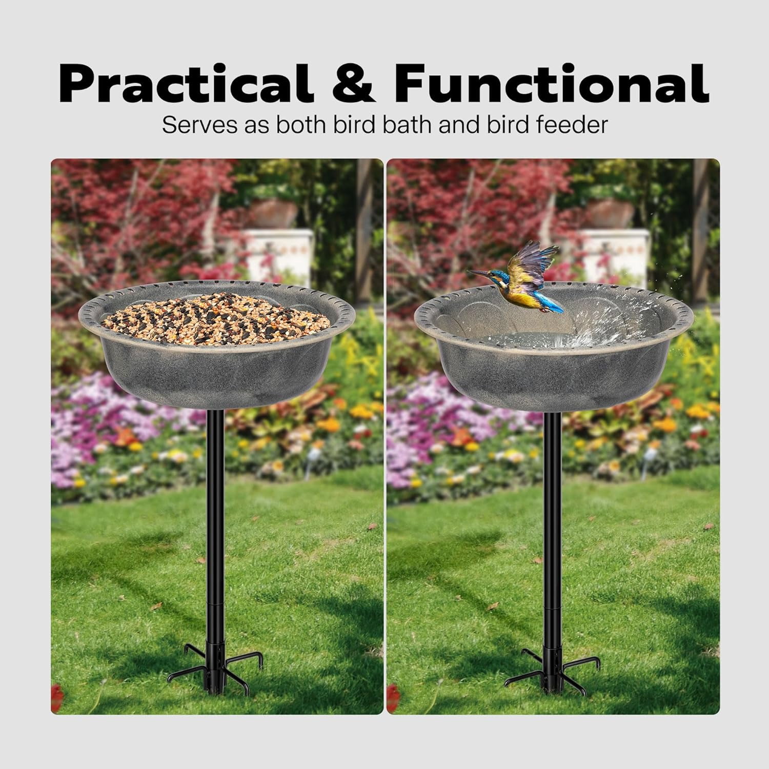 SPECSTAR Bird Bath, Polyresin Birdbath Bowl with Metal Stake, 29 inch Height Outdoor Freestanding Birdfeeder, 1.4 Gallons, 5-Pronged Base, Gray
